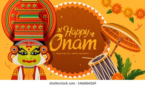 Happy Onam Festival Kathakali Dancer Chenda Stock Vector (Royalty Free ...