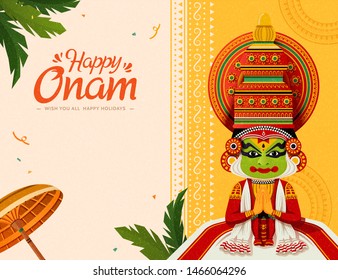 Happy Onam festival with Kathakali dancer and umbrella elements