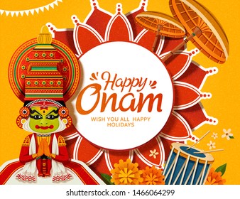 Happy Onam festival with Kathakali dancer and floral elements