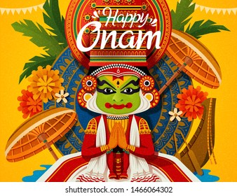 Happy Onam festival with Kathakali dancer and snake boat elements