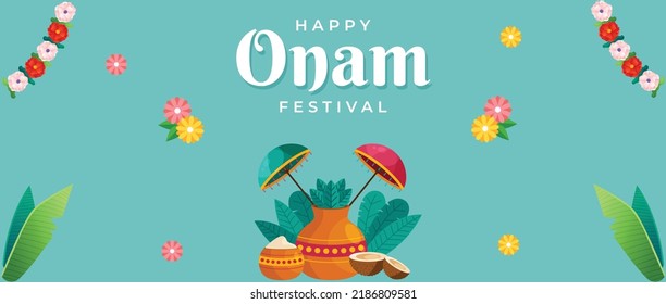 happy onam Festival with kathakali Kerala festival traditional food Indian. Horizontal Banner Design