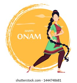 Happy Onam festival in Kerala. Beautiful Indian woman dancing in traditional clothes. Vector illustration on orange background