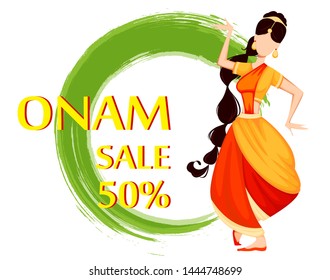 Happy Onam festival in Kerala. Beautiful Indian woman dancing in traditional clothes. Vector illustration for sale