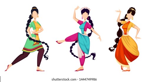 Happy Onam festival in Kerala. Beautiful Indian women dancing in traditional costumes, set of three poses. Vector illustration