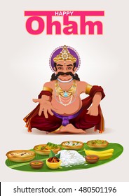 Happy Onam festival in Kerala. God King Mahabali. Template greeting card vector illustration