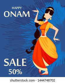 Happy Onam festival in Kerala. Indian woman dancing in traditional clothes. Vector illustration for sale on bright blue background