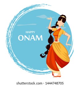 Happy Onam festival in Kerala. Indian woman dancing in traditional clothes. Vector illustration on blue abstract background