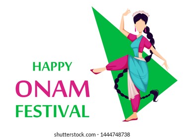 Happy Onam festival in Kerala. Indian woman dancing in traditional clothes. Vector illustration