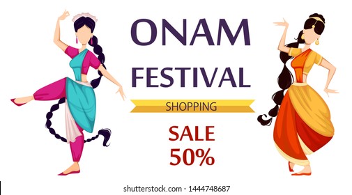 Happy Onam festival in Kerala. Two beautiful Indian women dancing in traditional clothes. Vector illustration for sale