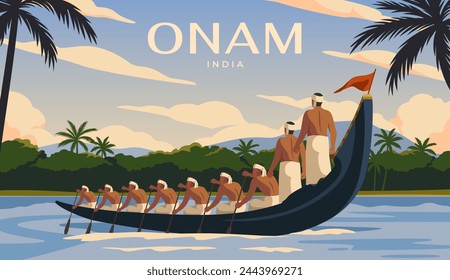 Happy Onam Festival. Landscape with river, palm trees and people rowing on snake boat. Greeting card for traditional Indian holiday. Harvest festival in Kerala. Cartoon flat vector illustration