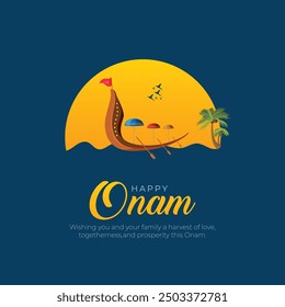 Happy Onam Festival Post and Greeting Card. Onam Poster and Flyer Template with Text and Onam Boat Race Vector Illustration