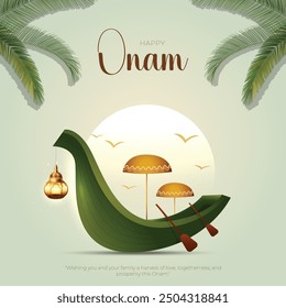 Happy Onam Festival Post and Greeting Card. Onam Poster and Flyer Template with Text and Onam Boat Race Vector Illustration
