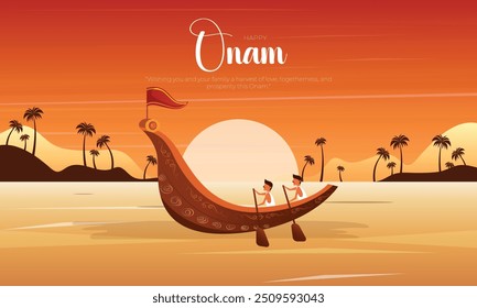 Happy Onam Festival Post e cartão de felicitações. Modelo de pôster e folheto Onam com texto e ilustração de vetor de corrida de barco Onam.