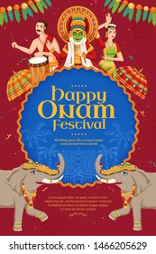 Happy Onam festival poster with kathakali dancer and elephant procession on burgundy red background