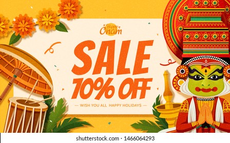 Happy Onam festival sale with Kathakali dancer and chenda elements