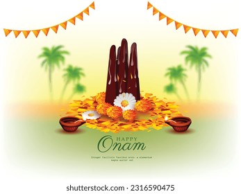 Happy Onam festival of South India Kerala. Mahabali or Maveli , Kerala old king. He is coming for every year. Onam Kathakali dancer for celebration on Onam.