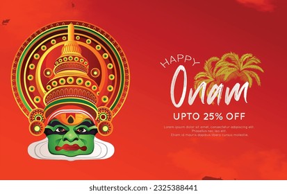 Happy Onam festival of South India Kerala. Mahabali or Maveli , Kerala old king. He is coming for every year. Onam Kathakali dancer for celebration on Onam.