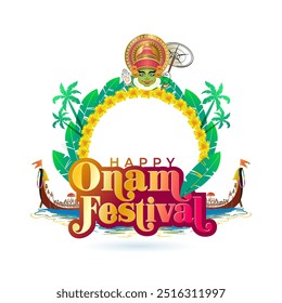 Happy Onam festival template design with Snake boat race background.