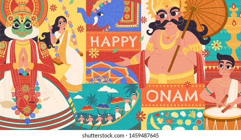 Happy Onam flat design with Mahabali and Kathakali dancer characters