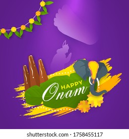 Happy Onam Font in Banana Leaf with Elephant Face, Thrikkakara Appan Idol, Flowers, Yellow Brush Stroke Effect and Vamana Leg on King Mahabali.
