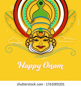Happy Onam Font with Cartoon Kathakali Face, Line Art Banana Leaves and Waves on Yellow Background.