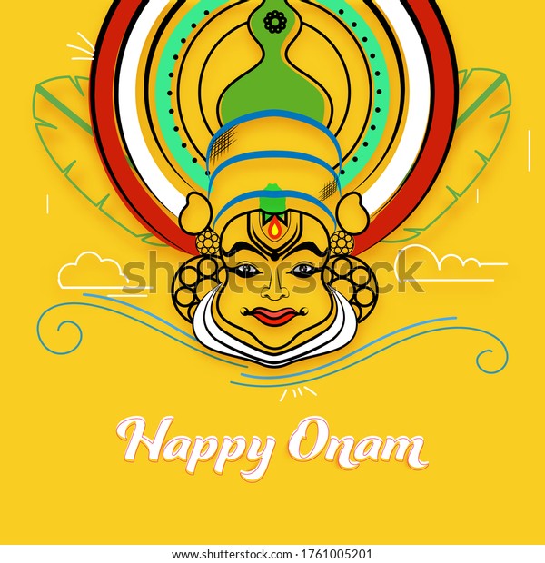 Happy Onam Font with Cartoon Kathakali Face, Line Art Banana Leaves and