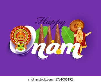 Happy Onam Font with King Mahabali, Kathakali Face, Banana Leaves, Flowers and Thrikkakara Appan Idol on Purple Background.