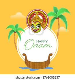 Fröhliche Onam Schriftart in weißer Circular Form mit Glück Kathakali Gesicht, Kokospalmen und leeres Aranmula-Boot auf gelbem Hintergrund.