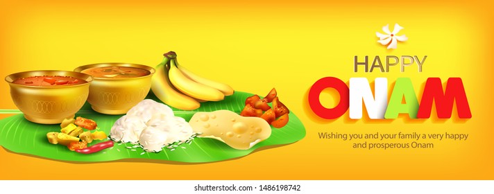 Happy Onam greeting banner with traditional food (sadya) served on banana leaf for South India harvest festival. Vector illustration.