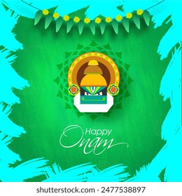 Happy Onam greeting card design with illustration of Kathakali Dancer Face on abstract green background for festival celebration concept.