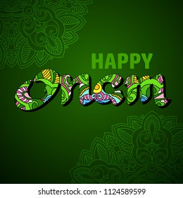 Happy Onam Greeting card in flat style. Colorful handwritten word Onam and decorative elements of mandala isolated on green. Vector Ethnic background.