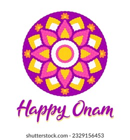 Happy Onam greeting card with floral rangoli (pookalam). Indian holiday in Kerala. Vector clip art illustration.