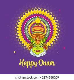 Happy Onam Greeting Card With Kathakali Dancer Face On Blue Background.