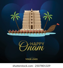 Happy Onam Grußkarte mit Kerala Boat Race und traditioneller Temple Illustration