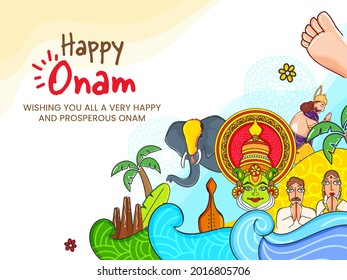 Feliz Tarjeta De Saludo De Onam Con Personas Del Sur De La India Mostrando Su Cultura Y Patrimonio Con Antecedentes Blancos.