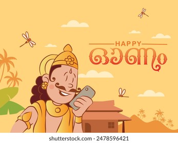 Happy Onam greeting design template with Cartoon Style  illustration of King Mahabali holding a mobile phone. Vector illustration Template.