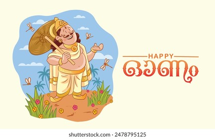 Happy Onam greeting design template with Cartoon Style  illustration of King Mahabali. Vector illustration Template.