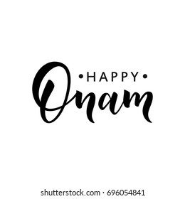 Happy Onam greeting lettering. Ink typography phrase for Indian festival. Black text isolated on white background.