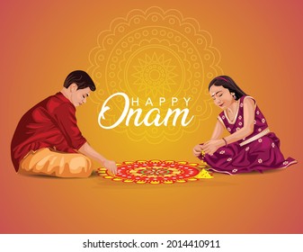 happy onam greetings vector illustration. illustration of Children's making pookalam.