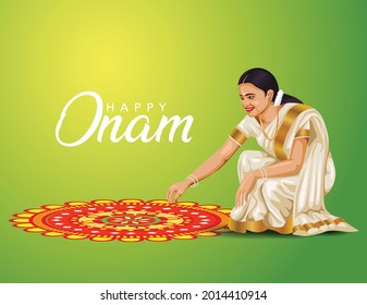 happy onam greetings vector illustration. illustration of woman making pookalam for onam