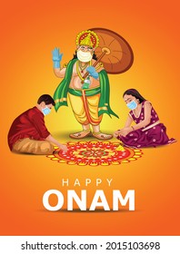 happy onam greetings vector illustration design. illustration of children's making pookalam with mahabali. corona virus covid -19 concept