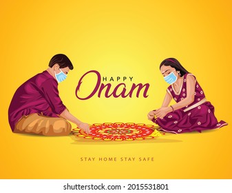 happy onam greetings vector illustration design. illustration of woman making pookalam for children's. corona virus, covid-19 concept.