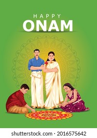 Happy Onam Greetings Vector Illustration. Illustration Of Kids Making Pookalam For A Family	