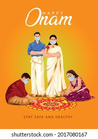 happy onam greetings vector illustration. illustration of kids making pookalam for family. corona virus covid-19 concept	