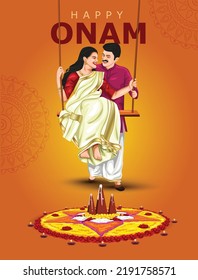 Happy Onam Greetings Vector Illustration. Illustration Of Kerala Family On Swing