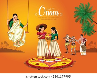 fröhliche onam Gruß Vektorgrafik. Illustration der Familie Kerala auf Schaukel