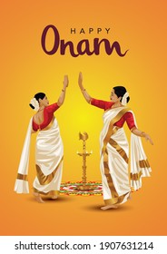 happy onam greetings.Thiruvathira,a traditional dance from Kerala. vector illustration	