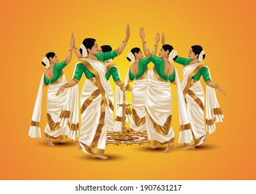 happy onam greetings.Thiruvathira,a traditional dance from Kerala. vector illustration	