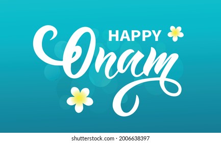 Happy Onam hand drawn greeting lettering. Indian holiday. Modern brush ink calligraphy on blue watercolor background. Vector illustration for card, banner, poster, header, title, emblem, label, tag