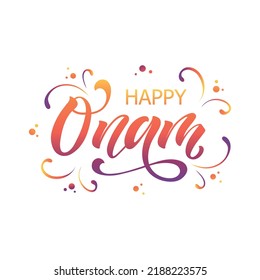 Feliz tipografía escrita a mano por Onam. Fiesta india. Caligrafía moderna de tinta de pincel. Ilustración de color vectorial para tarjeta de saludo, pancarta, afiche, título, emblema, etiqueta, etiqueta